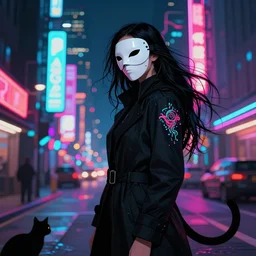 woman in a white mask,cyberpunk city at night, street, cat, black coat, long hair, glowing tattoo, neon lights on the street, many colors, colorful, all colors, highly saturated colors, greg rutkowski, fantasy, detailed illustration, hd, 4k, digital art, overdetailed art, concept art, trending on artstation
