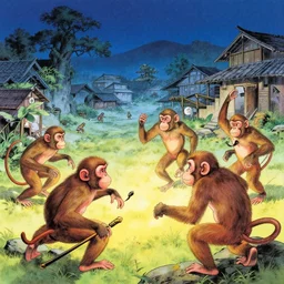 glossy old advertising poster of monkeys attacking a village, night, drawn comic by junji ito, pastels, gradient,