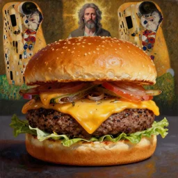 highly detailed oil painting of a cheeseburger, very intricate, cinematic lighting, award - winning, the good spirit of god, by roberto ferri, by artgerm, tom bagshaw, by j. c. leyendecker and klimt, beautiful cinematic light, american romanticism, by austin osman spare, artstation, cgsociety, official art, octane
