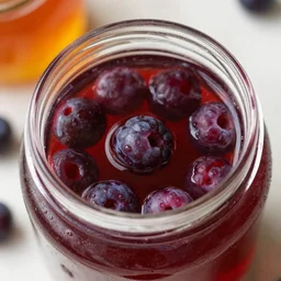 dingleberry honey, honey with fresh dingleberries floating inside, food photography