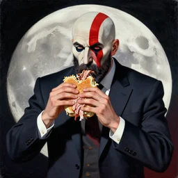 kratos, in a business suit, eating a pulled pork sandwich, on the moon, by j. m. w. turner, in the style of piet mondrian