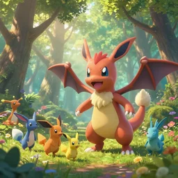 beautiful digital fantasy illustration of a hyperrealistic pokemon evolving into a demon, cute smiling attractive pokemon, the trees of a flowery woodlands glistens as the morning sun touches its leaves with her gentle rays. pokemon of various shapes, sizes, and colors walk through the forest by alena aenami and arthur adams, octane render, detail texture, unreal engine, 8 k
