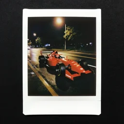 Polaroid shot of red race car under street light, rainy day, night time