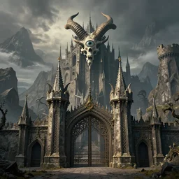 scottish british persian alien eyeball demon horned skull castle in the mountains, pointy architecture, massive gates, detailed infrastructure by greg rutkowski and rodney matthews, artstation, perfect horizontal symmetry, extremely hyperdetailed, mysterious atmosphere, uhd