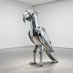A propaganda, chrome simple mechanical parrot made from chrome tubes by moebius, by david lachapelle, by angus mckie, by rhads, by jeff koons, in an empty studio hollow