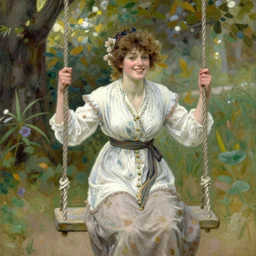 a detailed portrait of a woman sitting on swing, smiling, painting by gaston bussiere, craig mullins, j. c. leyendecker