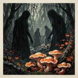 ancient beings, by gediminas pranckevicius, dark shadows, woodblock, complementary - colors, tremella - mesenterica, poster, polished, enlightenment, by james gilleard, a touch of beksinski, rain, autumn