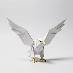 origami bald eagle, studio photography, full body, isolated on a pure white background, centered, entire subject in frame, sharp focus, soft studio lighting
