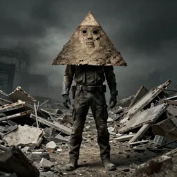 photographed full length portrait of pyramid head from silent hill facing the camera with full body in shot, standing on a pile of building debris