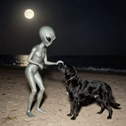 an early 1 9 0 0 s photograph of an alien marking its extraterrestrial sigil on a black dog on the beach, moonlight, nighttime