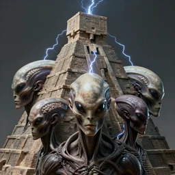 aliens brainsuckers sacrifice humans with electricity on top of aztec pyramids, perfect faces, fine details, studio lighting, close up subtle shadows, art by katsuya terada, photorealism, hyper realism, octane render, hyper detailed, photo still from movie by denis villeneuve