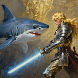 greg manchess oil matte painting, shark with a lightsaber fighting a blond knight, fantasy, wonderful masterpiece highly detailed, scifi, beautiful cinematic light deep focus, elegant, digital painting, smooth, sharp focus, golden ratio, dramatic illumination, ultra realistic, 4 k, art by greg rutkowski wlop rossdraws