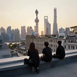 a small rooftop with a couple of people sitting and watching the view, wearing black modern clothes, modern shanghai bund is on the background, sunset, by gregory crewdson