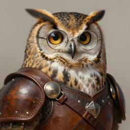 a detailed portrait of an owl with old glasses dressed with a leather armor, by justin gerard and greg rutkowski, digital art, realistic painting, dnd, character design, trending on artstation