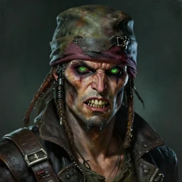 an intimate portrait of a gnarly human cyberpunk pirate, old skin, faded hat, crooked teeth, green eyes, a look of menace, detailed matte fantasy painting