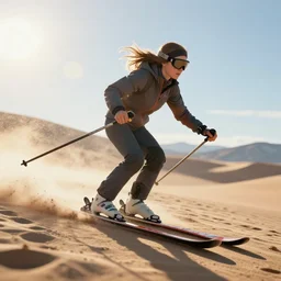 a photorealistic of jane seymour skiing on a sand dune. cinematic lighting, ray tracing, octane render, bokeh, anamorphic lens flare, hyper detailed, illuminated scene. this 4 k hd image is trending on artstation, featured on behance, well - rendered, extra crisp, features intricate detail, epic composition and the style of unreal engine.