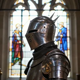 side - view portrait of a knight, skull helmet with spikes on top, shiny gothic stained glass window, very masterful, bright backlit