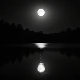 A pitch black lake, reflecting the moon. Dark Fantasy, Film Noir, Black and White. High Contrast, Mike Mignola, D&D, OSR
