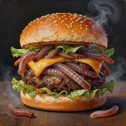painting of burger made of worms, intricate details, 4 k, smoky,