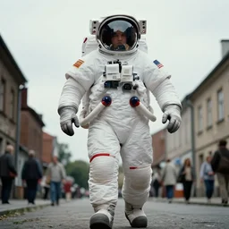 extreme low angle, white giant towering chubby american astronaut in spacesut with oversized helmet walking in legnica, in the background are tiny people, movie still, bokeh, canon 5 0 mm, cinematic lighting, dramatic, film, photography, depth of field, award - winning, overcast, 8 k, 3 5 mm film grain