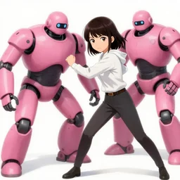 a japanese woman battles pink robots, illustrated, detailed
