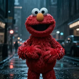 Still image of Elmo in a John Wick movie, cinematic, dark, city lights, rainy, dramatic