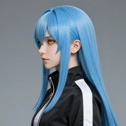 profile shot of rimuru tempest, sky blue, straight hair, long bangs, amber eyes, wearing a black jacket with white stripes, high collar, highly detailed, unreal engine 5, digital painting, cinematic, wlop | artgerm, pixiv, yoshitaka amano, greg rutkowski, ilya kuvshinov, andy warhol