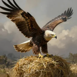 an intricate concept illustration of an eagle landing on a hay, by wlop, artstation, cgsociety, hyper realistic, photorealistic, digital painting