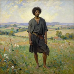 east african man with curly hair, wide shot, full body, fedosenko roman, j. w. godward, jose miguel roman frances, intricate details, countryside, dreamy, impressionist, figurative