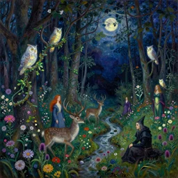 painterly dreamy Kupala Night in the forest with trees, flowers, glowing owls, deers, women, lianas, thistles, fantasy creatures, a stream and sky with moon and stars by Mikhail Vrubel, dark fantasy, witcher, very detailed oil painting in the alla prima style, masterpiece, 8k