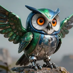 drawing of an robotic little owl, cyberpunk style, she is made from stainless steel and leather, her wings are metallic green, her body is metallic blue, she has big, orange eyes and tries to look vute