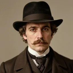 close up photo portrait of a 19th male detective in brimmed hat  by Diane Arbus and Louis Daguerre