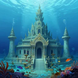 underwater sunken temple, ocean, sea, fish!!, palladian, illustration, concept art, digital art, colorful, blue, detailed, realistic