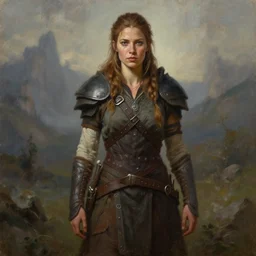 a full body high detail fantasy portrait oil painting illustration of maya hawke as a rugged stoic barbarian woman by justin sweet with face and body clearly visible, in a scenic background, pupils visible, realistic proportions, d & d, rpg, forgotten realms, artstation trending, high quality, sombre mood, artstation trending, muted colours, entire person visible!, natural light,