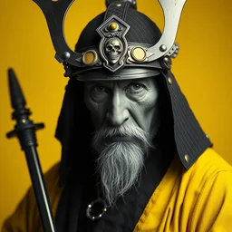 portrait old samurai hero, cyberpunk, vibrant yellow colors, surreal, french baroque style by alexander mcqueen, hyper detailed, realistic cinematic, voigtlander photography, leica 1 9 2 0, black and white, mystical,
