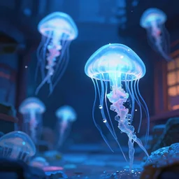 courtyard of ice jellyfishes. award - winning 3 d anime by an indie studio, heavily stylized, rimlighting, depth of field, limited but vibrant palette, impressionism, chiaroscuro, bokeh.