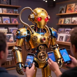 photo of a press conference of a golden and blue metal sad humanoid steampunk robos with gears and tubes, people with smartphones, eyes are glowing red lightbulbs, shiny crisp finish, 3 d render, 8 k, insaneley detailed, fluorescent colors, background is in a record store,