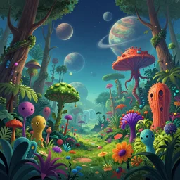 a forest of alien plants, planets visible in the sky, award winning concept art, colorful, vibrant, surreal, from a science fiction book cover, trending on artstation