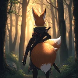 a medevial anthropomorphic fox assassin with a fluffy tail in a forest, trending on pixiv, detailed, anime, warm lighting, backlighting, by kawacy, trending on furaffinity, furry art, fantasy art, assassins creed, cgi