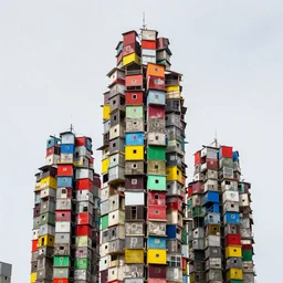 high towers made up of makeshift squatter shacks with bright colours, mamiya, 8 5 mm, uniform plain sky, fine details, photographed by julie blackmon