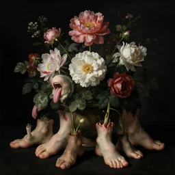 disgusting disturbing dutch golden age bizarre vanitas floral still life with many human toes sprouting up everywhere so many toes tongues by rachel ruysch black background chiaroscuro beautiful dramatic lighting perfect composition high definition 8 k 1 0 8 0 p
