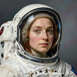 close - up portrait of a female astronaut. hyperdetailed botero renaissance painting pre - raphaelitism retro unreal engine iridescent matte background 8 k hd resolution