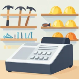 cash register in foreground. shelves of hammers and screws and screwdrivers and hard hats in the background. vector art