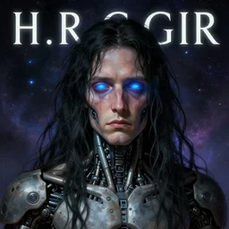 surreal portrait of a man by Greg Rutkowski and H.R Giger, he is about 30 years old, messy long black hair, tired appearance, roman nose, peaceful but sad and resigned expression, martyred as a biomechanical transhuman cyborg god, eyes glow electric blue, cosmic void background, frightening, fascinating, highly detailed portrait, digital painting, book cover, artstation, concept art, smooth, sharp foccus ilustration, Artstation HQ.
