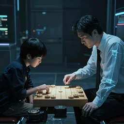 a father and son playing go ( a chinese board game ) together by chiharu shiota and thomas gainsborough, style of cinematic, cyberpunk, x - ray photography