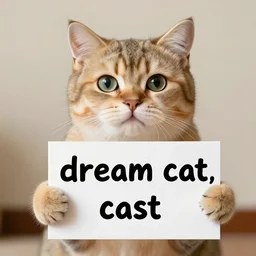 realistic high quality photo of a cute cat holding a sign with text that reads : dream cat, cast