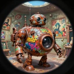 memorable animation key shot, fish eye lens, the rusty robot submarine schwerer gustav!!!! covered in bold grafitti, paint drip, murals, studio ghibli, pixar, disney concept art watercolor illustration by craig mullins, dean cornwell, nc wyeth, satoshi kon!