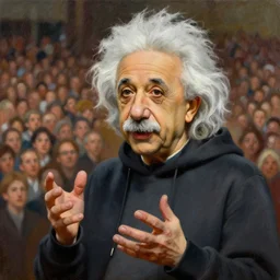 einstein wearing a cool hoodie, talking in front of 1 0 0 0 people, detail oil painting