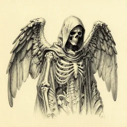 a cloaked figure with skeletal wings, charcoal drawing on aged yellow paper, highly detailed