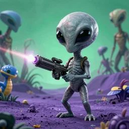 grey alien with large black eyes holding an energy rifle on an alien planet with purple soil, green sky, blue and yellow fauna, alien creatures in the background, 3d render, Unreal Engine, octane render, ray tracing, Unity, highly detailed, high quality, HD, 4k, 8k, realistic, sharp, trending - H 800